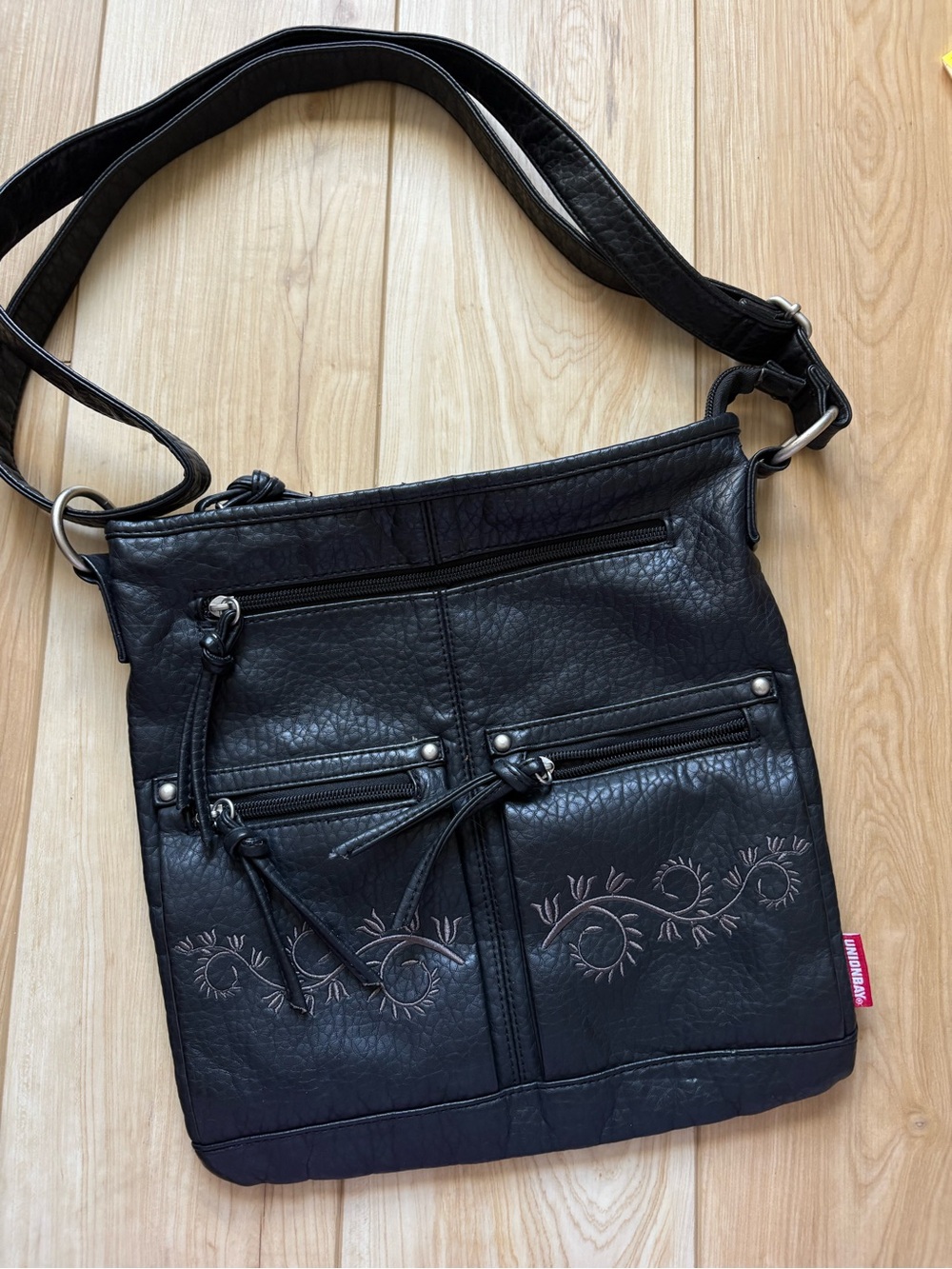 Vintage 90s Y2K Vegan Leather Black Embroidered Crossbody or Shoulder Bag